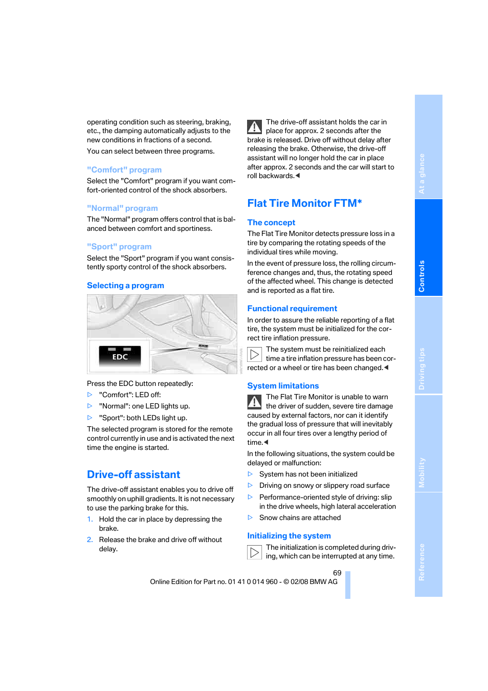 Drive-off assistant, Flat tire monitor ftm | BMW M3 Convertible 2008 User Manual | Page 71 / 172