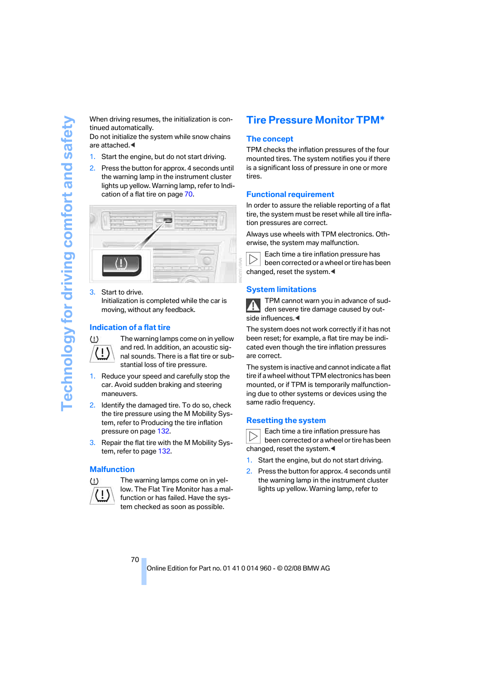 Tire pressure monitor tpm, Te chnology for driving comfort and safe ty | BMW M3 Convertible 2008 User Manual | Page 72 / 172