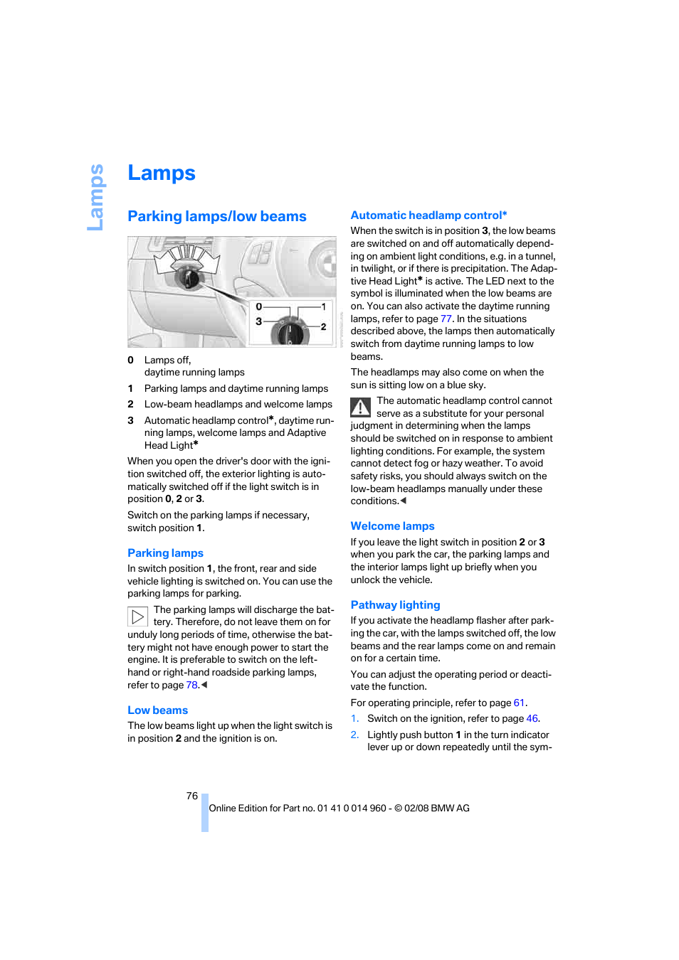 Lamps, Parking lamps/low beams, La mp s | BMW M3 Convertible 2008 User Manual | Page 78 / 172