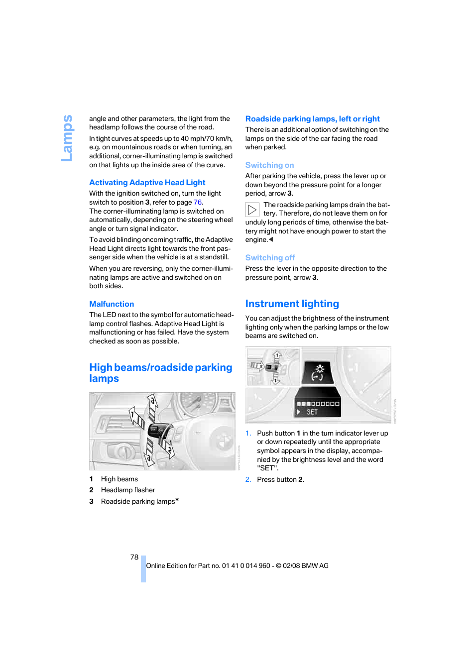 High beams/roadside parking lamps, Instrument lighting, Ghting | Instrument lighting o, La mp s | BMW M3 Convertible 2008 User Manual | Page 80 / 172