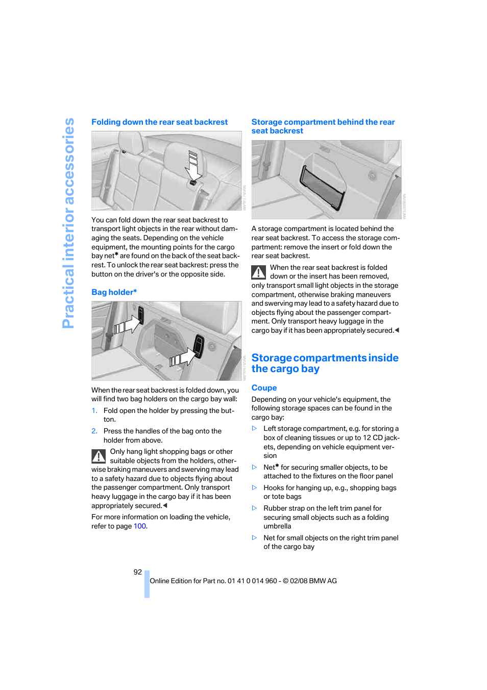 Storage compartments inside the cargo bay, Practical interi or acc ess orie s | BMW M3 Convertible 2008 User Manual | Page 94 / 172