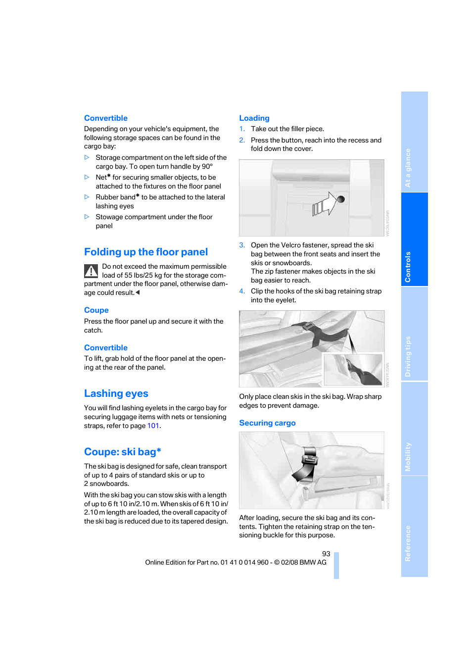 Folding up the floor panel, Lashing eyes, Coupe: ski bag | BMW M3 Convertible 2008 User Manual | Page 95 / 172