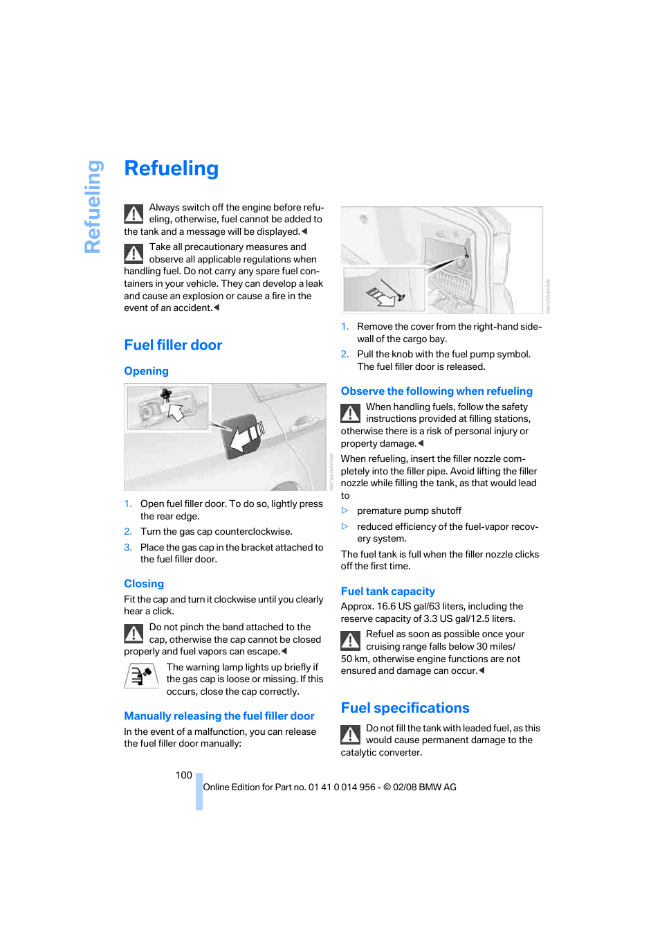 Refueling, Fuel filler door, Fuel specifications | Ilit, Re fueling | BMW M3 Sedan 2008 User Manual | Page 102 / 160