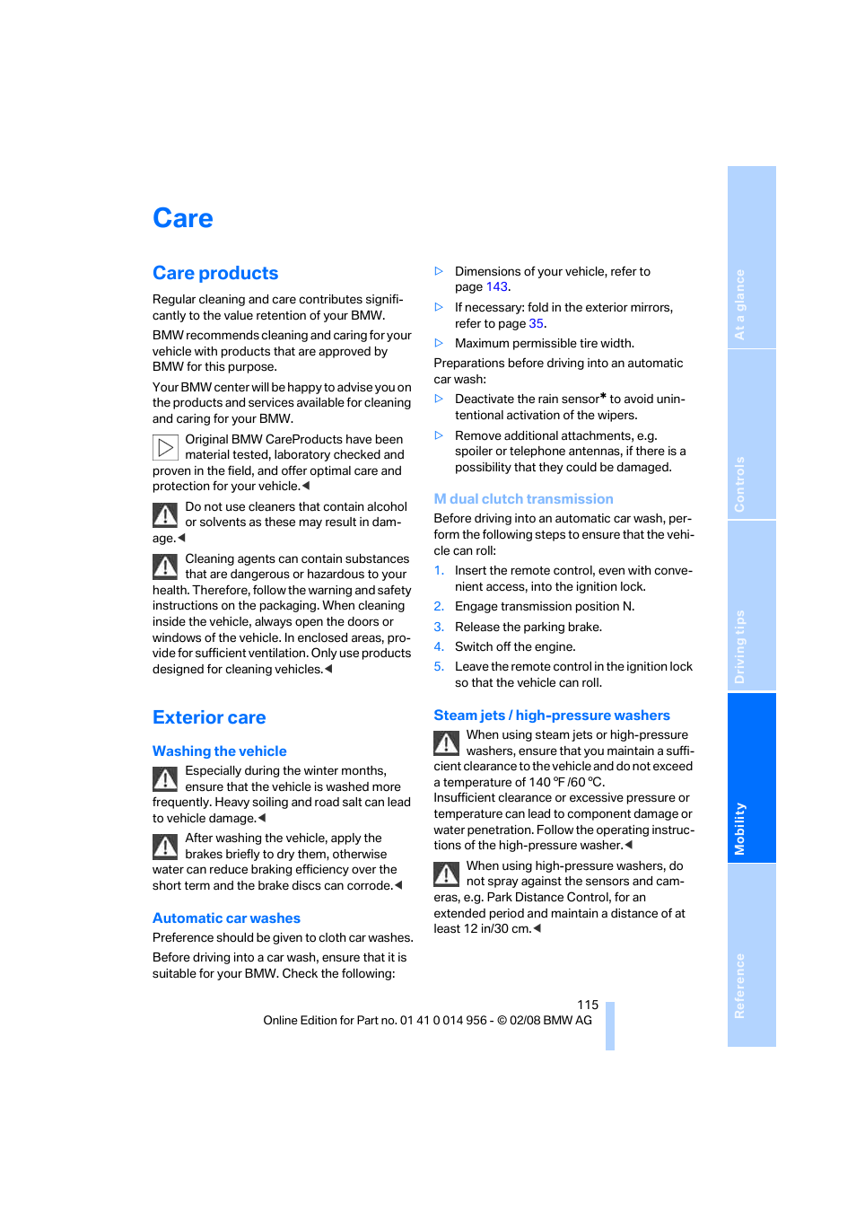 Care, Care products, Exterior care | BMW M3 Sedan 2008 User Manual | Page 117 / 160