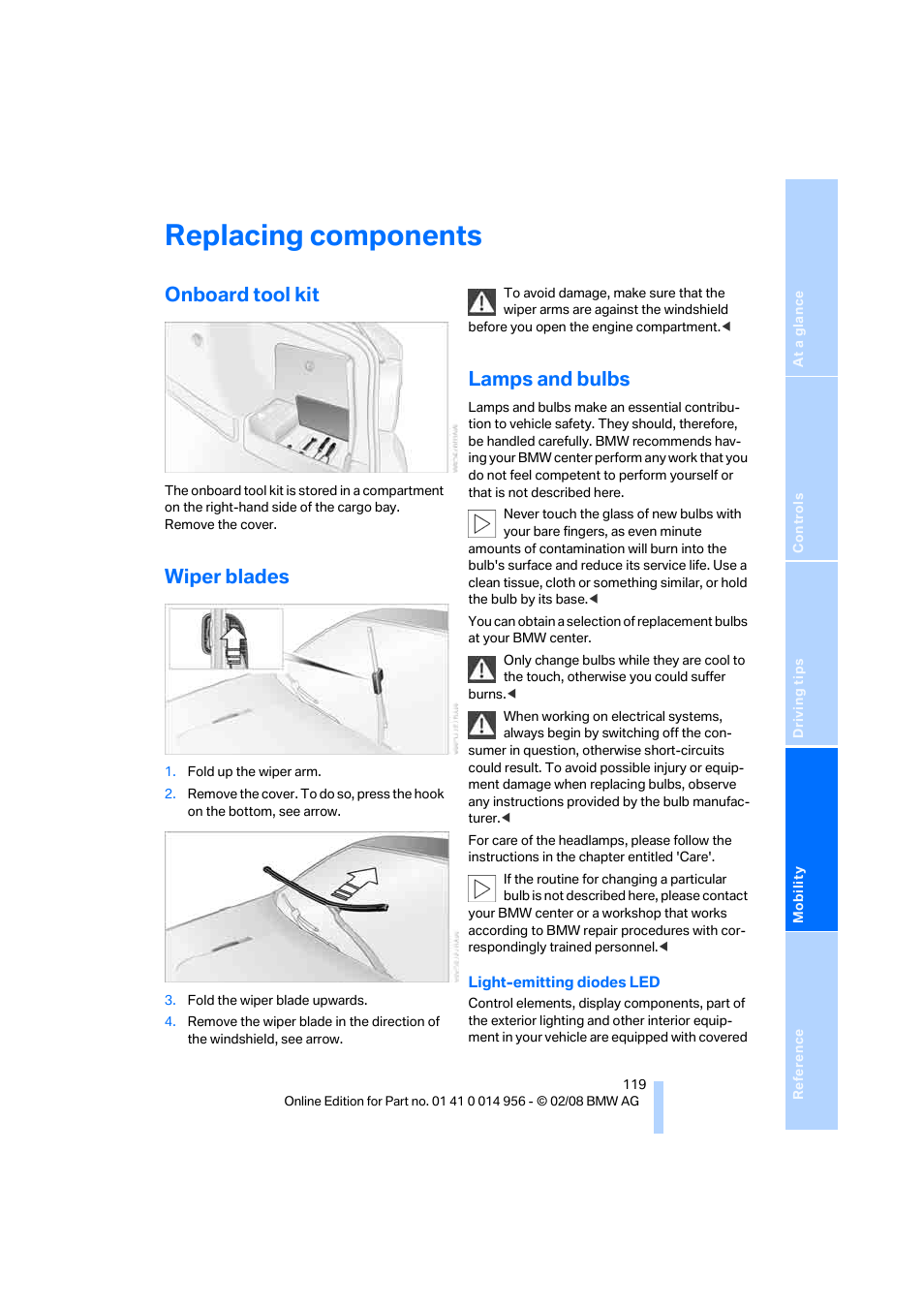 Replacing components, Onboard tool kit, Wiper blades | Lamps and bulbs | BMW M3 Sedan 2008 User Manual | Page 121 / 160