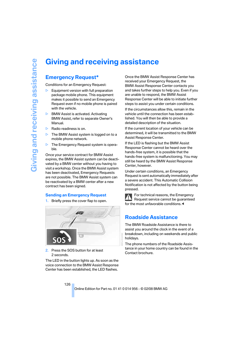 Giving and receiving assistance, Emergency request, Roadside assistance | Giving and receiv ing as sistance | BMW M3 Sedan 2008 User Manual | Page 128 / 160