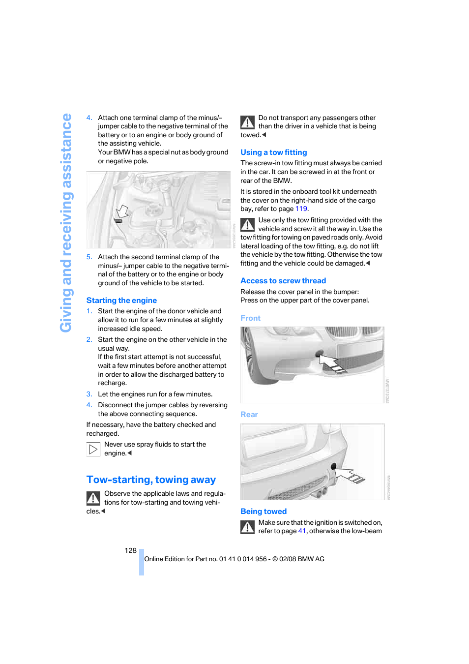 Tow-starting, towing away, Giving and receiv ing as sistance | BMW M3 Sedan 2008 User Manual | Page 130 / 160