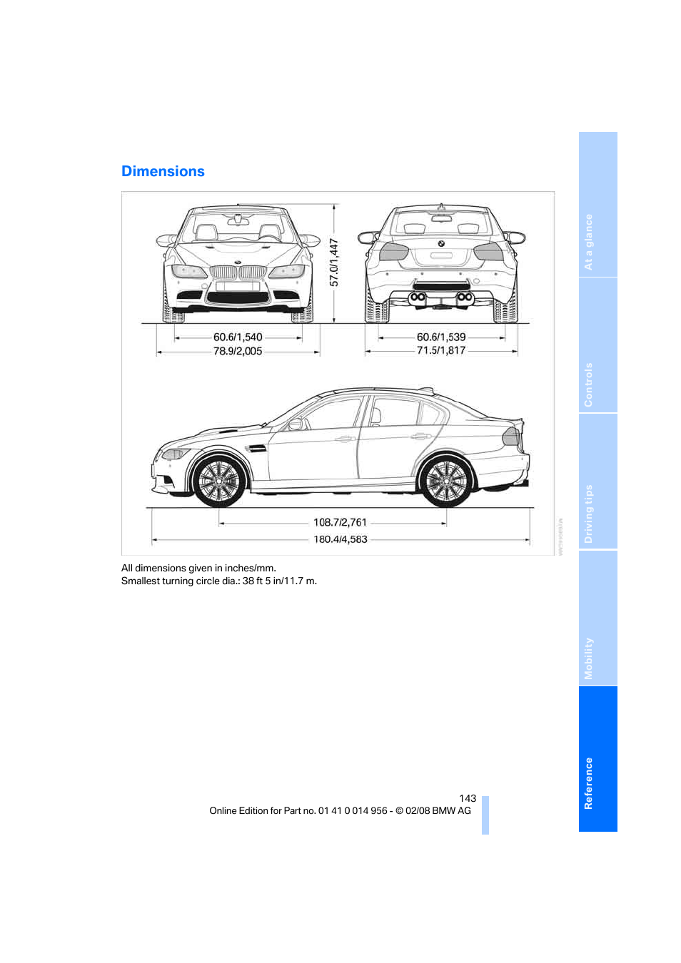 Dimensions | BMW M3 Sedan 2008 User Manual | Page 145 / 160