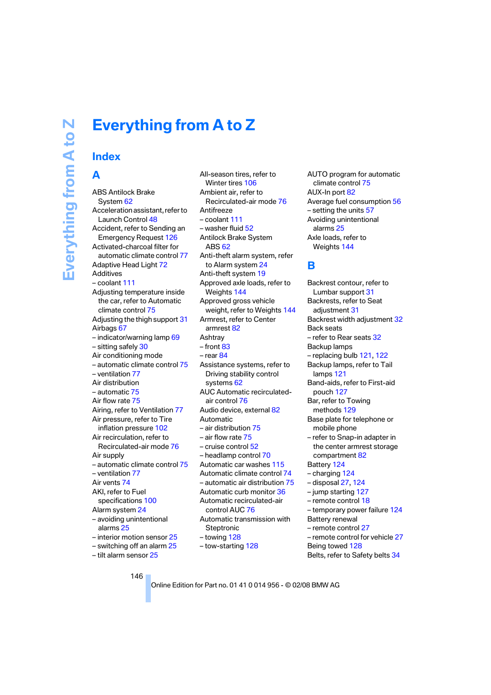 Everything from a to z, Index, Index a | BMW M3 Sedan 2008 User Manual | Page 148 / 160