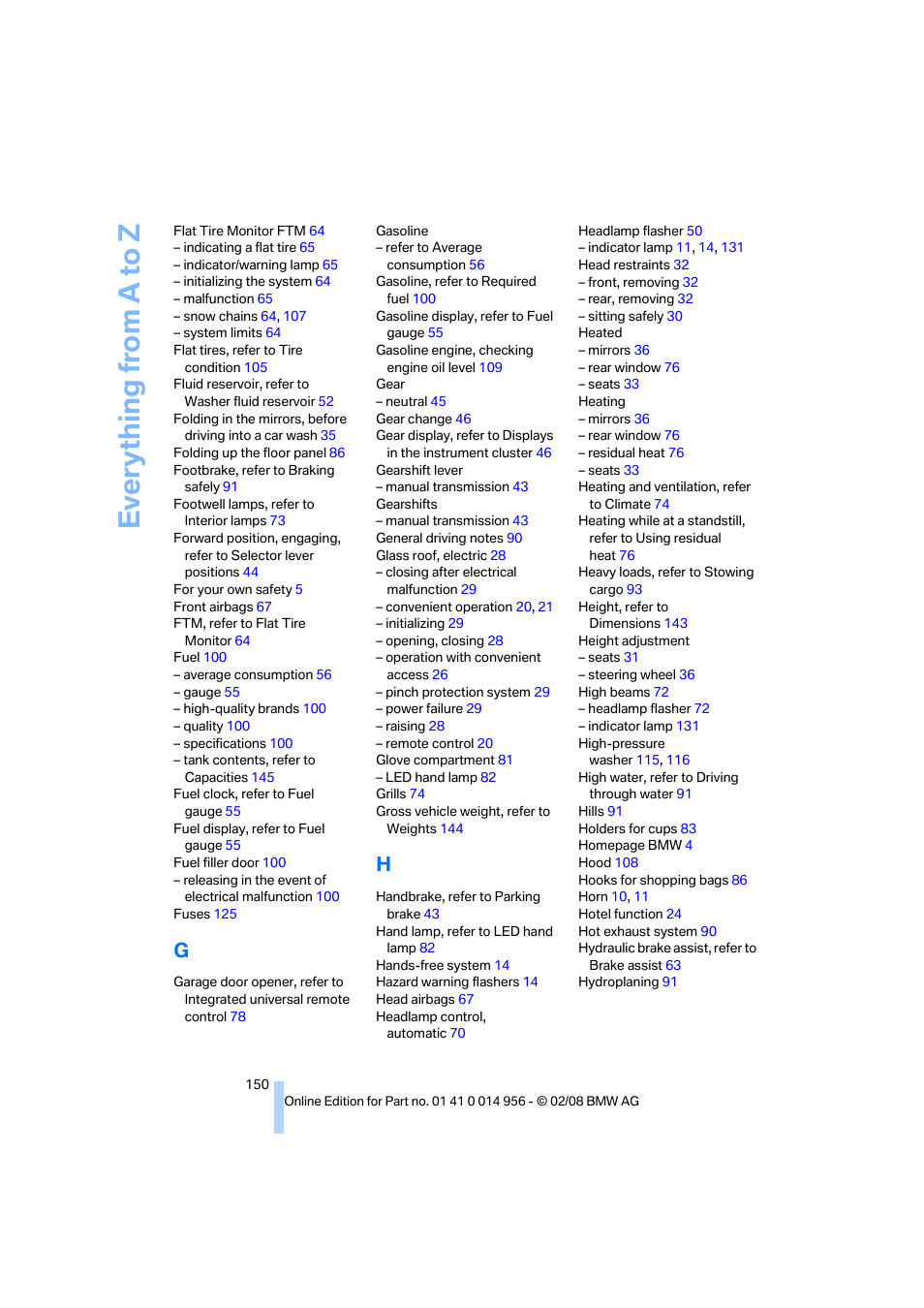 Everything from a to z | BMW M3 Sedan 2008 User Manual | Page 152 / 160