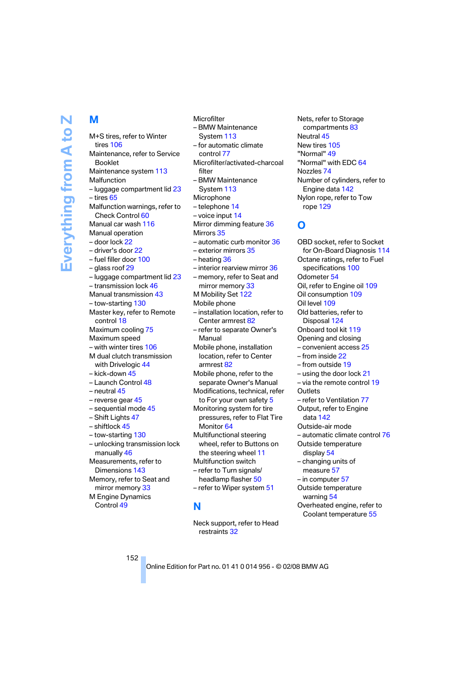 Everything from a to z | BMW M3 Sedan 2008 User Manual | Page 154 / 160