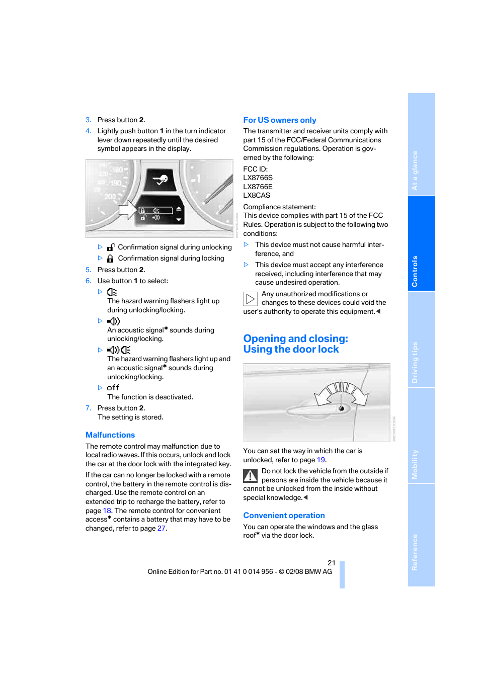 Opening and closing: using the door lock | BMW M3 Sedan 2008 User Manual | Page 23 / 160