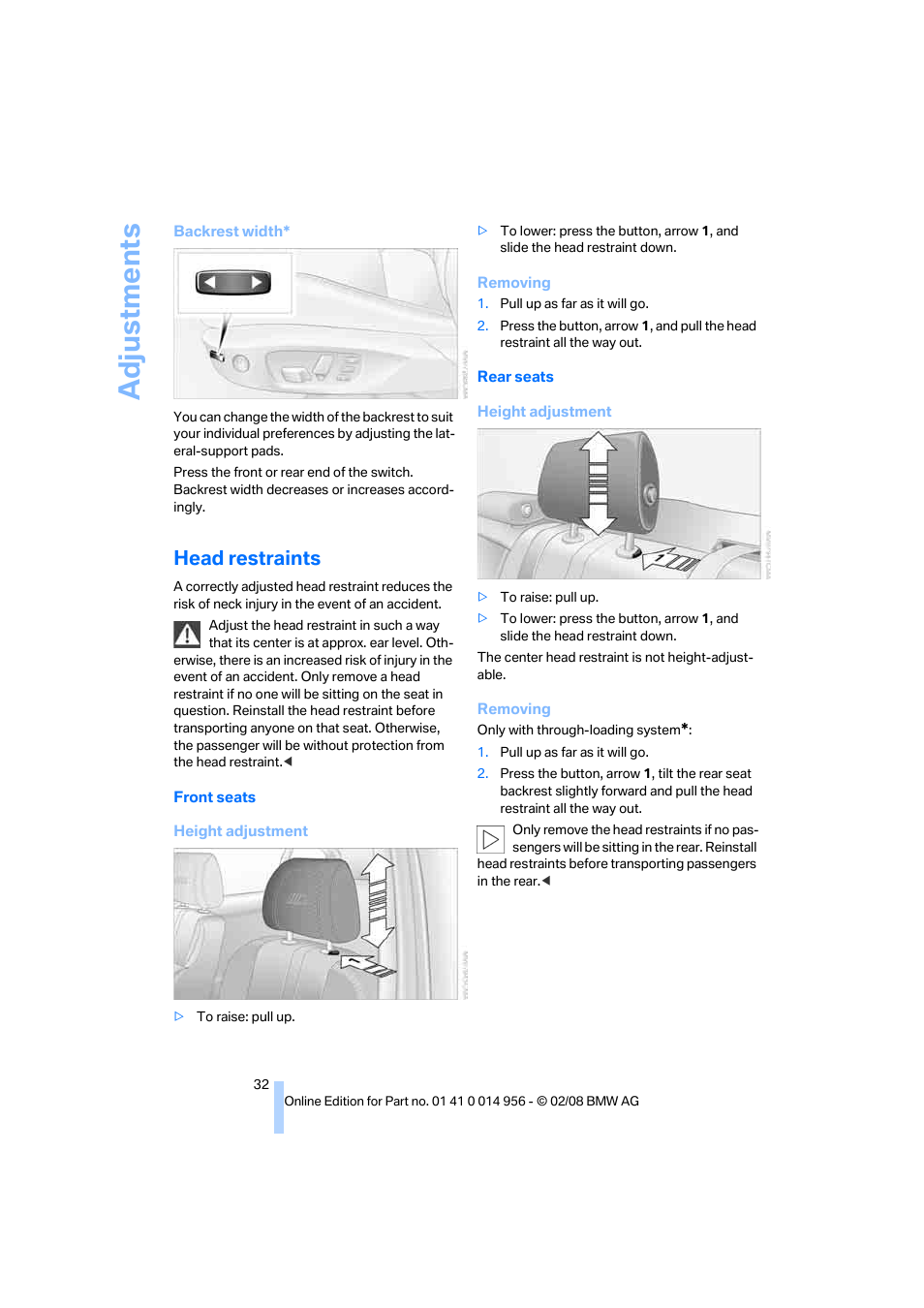 Head restraints, Head restraints b, Adju stmen ts | BMW M3 Sedan 2008 User Manual | Page 34 / 160