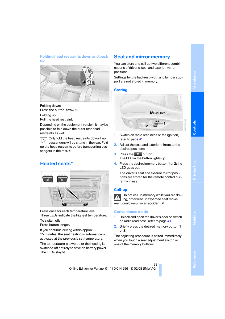 Heated seats, Seat and mirror memory | BMW M3 Sedan 2008 User Manual | Page 35 / 160