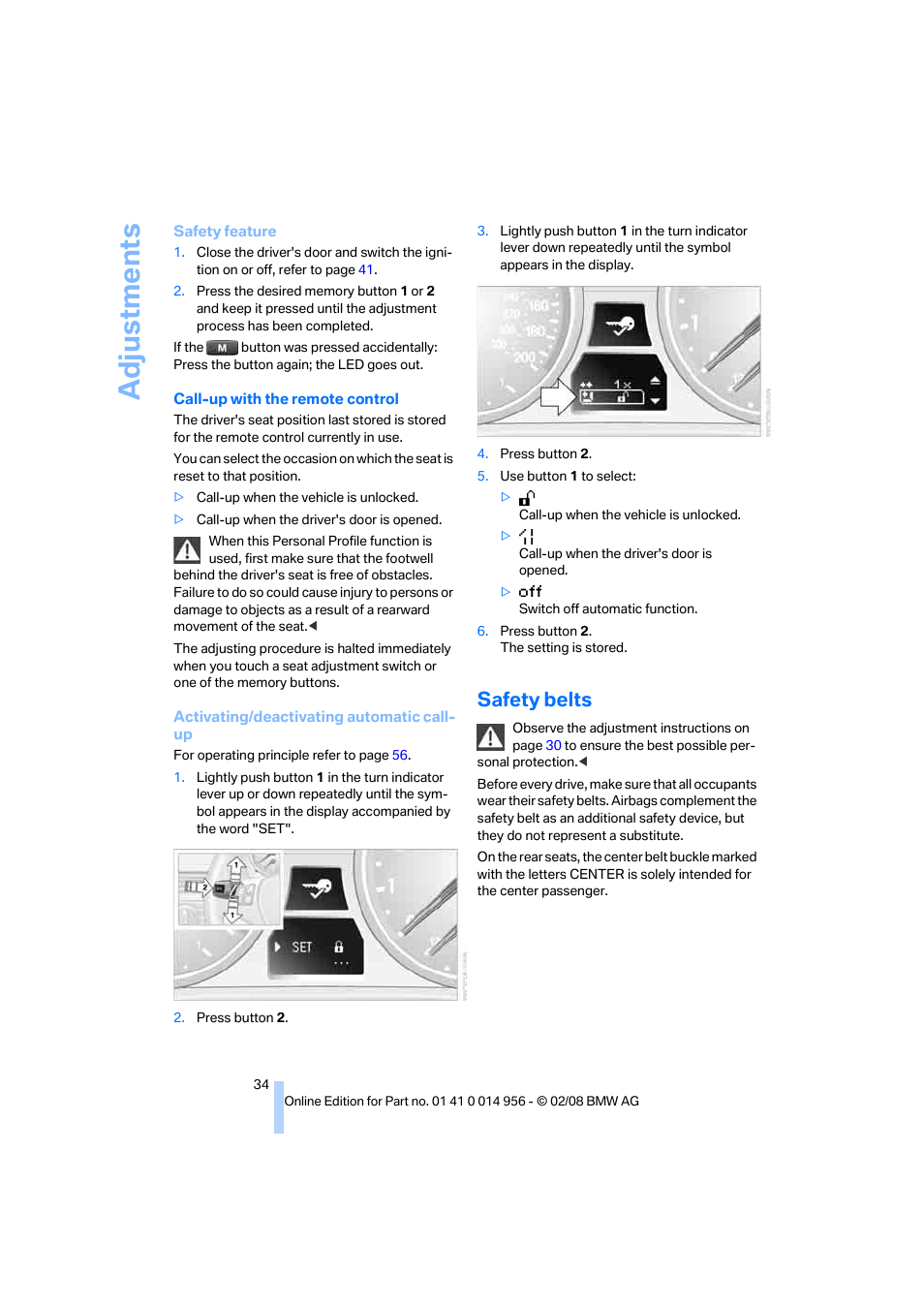 Safety belts, Adju stmen ts | BMW M3 Sedan 2008 User Manual | Page 36 / 160