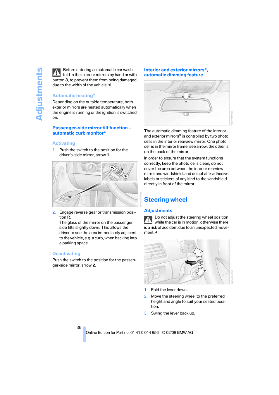 Steering wheel, Wheel, Adju stmen ts | BMW M3 Sedan 2008 User Manual | Page 38 / 160