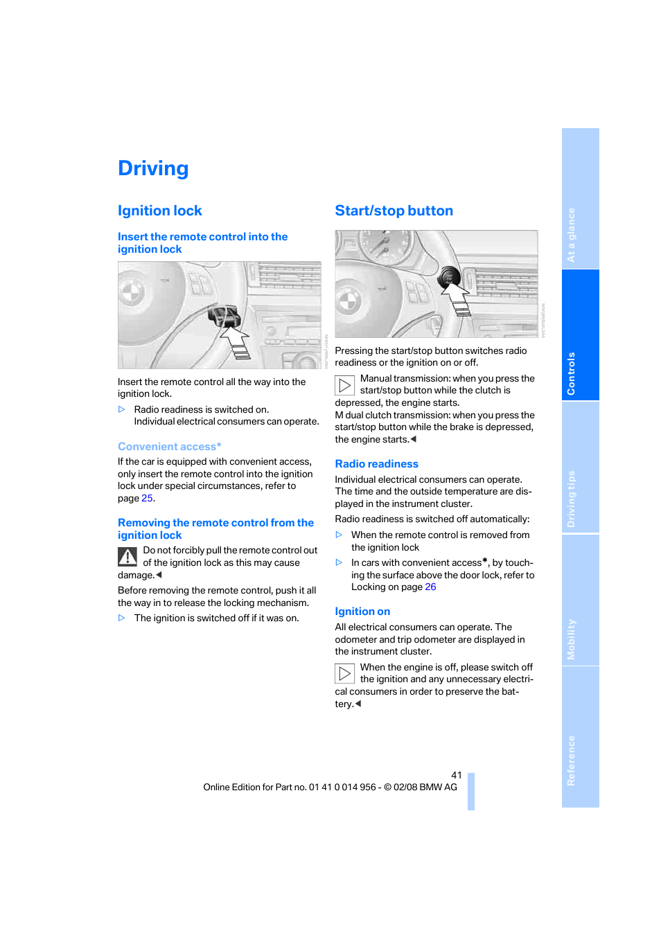 Driving, Ignition lock, Start/stop button | BMW M3 Sedan 2008 User Manual | Page 43 / 160