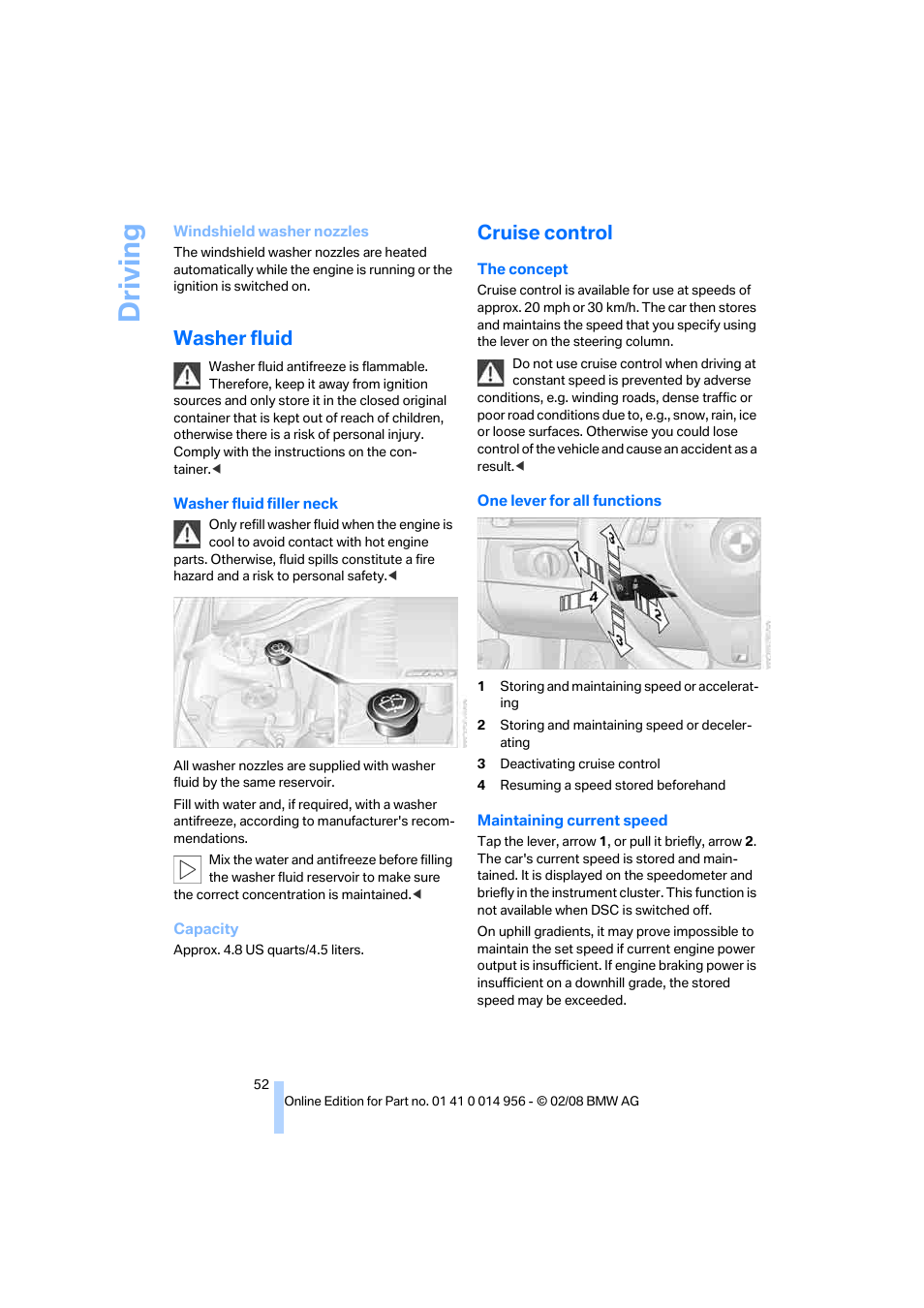 Washer fluid, Cruise control, Control | Driving | BMW M3 Sedan 2008 User Manual | Page 54 / 160