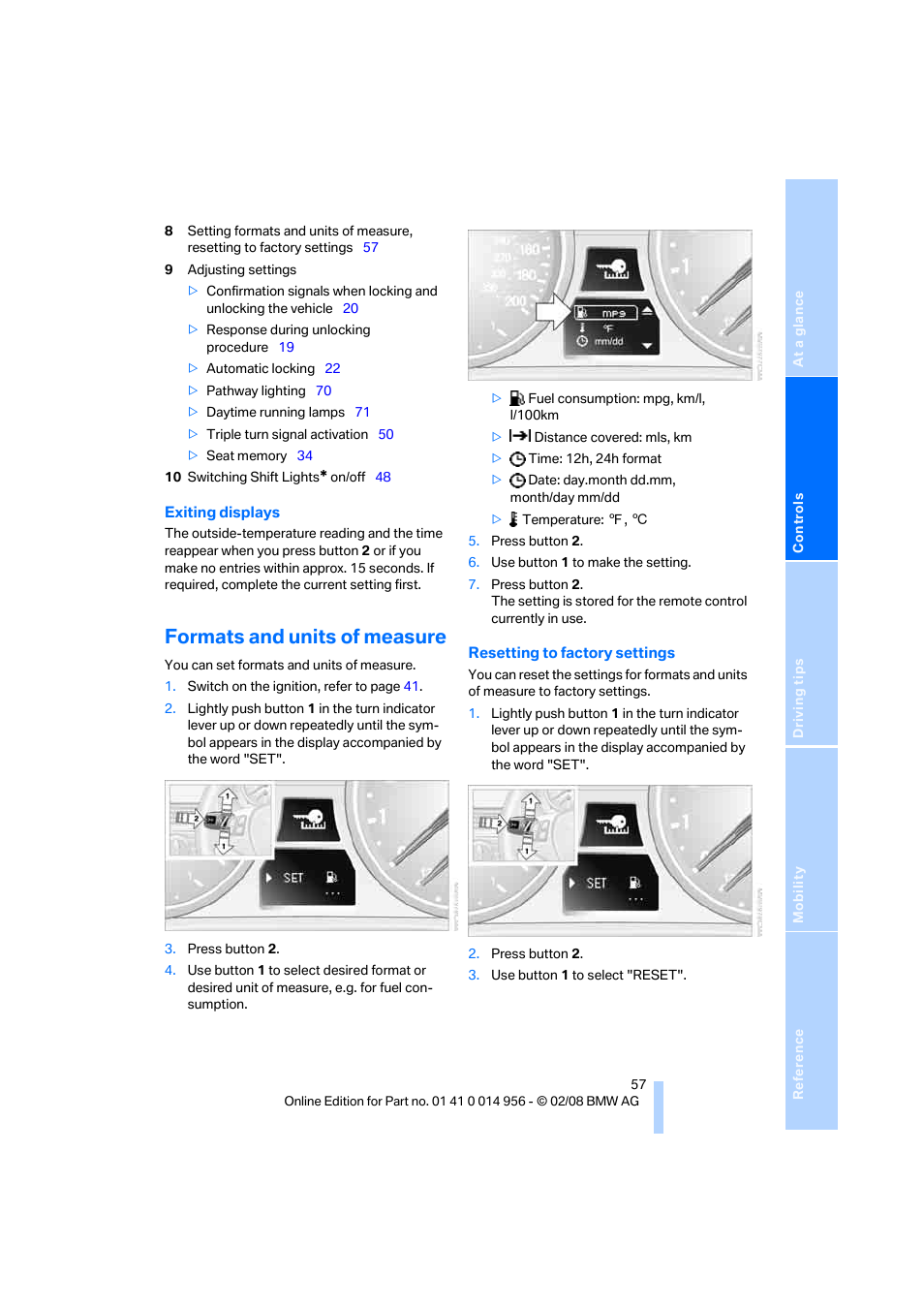 Formats and units of measure | BMW M3 Sedan 2008 User Manual | Page 59 / 160