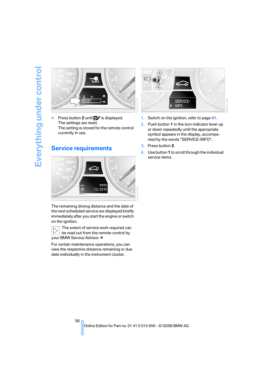 Service requirements, Eve ryth ing un de r co nt rol | BMW M3 Sedan 2008 User Manual | Page 60 / 160