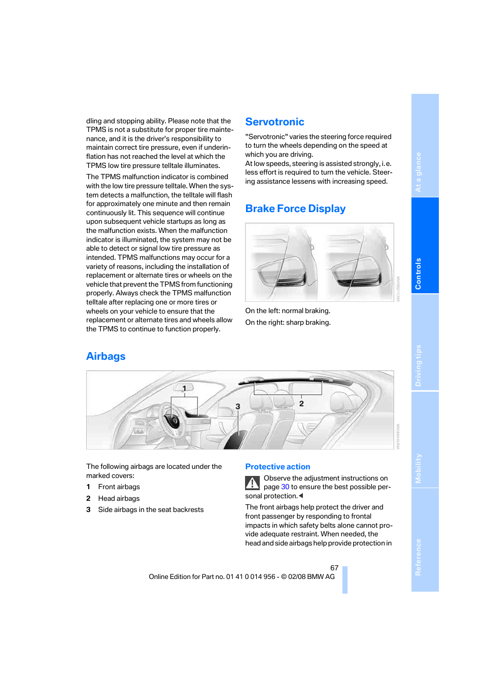 Servotronic, Brake force display, Airbags | BMW M3 Sedan 2008 User Manual | Page 69 / 160