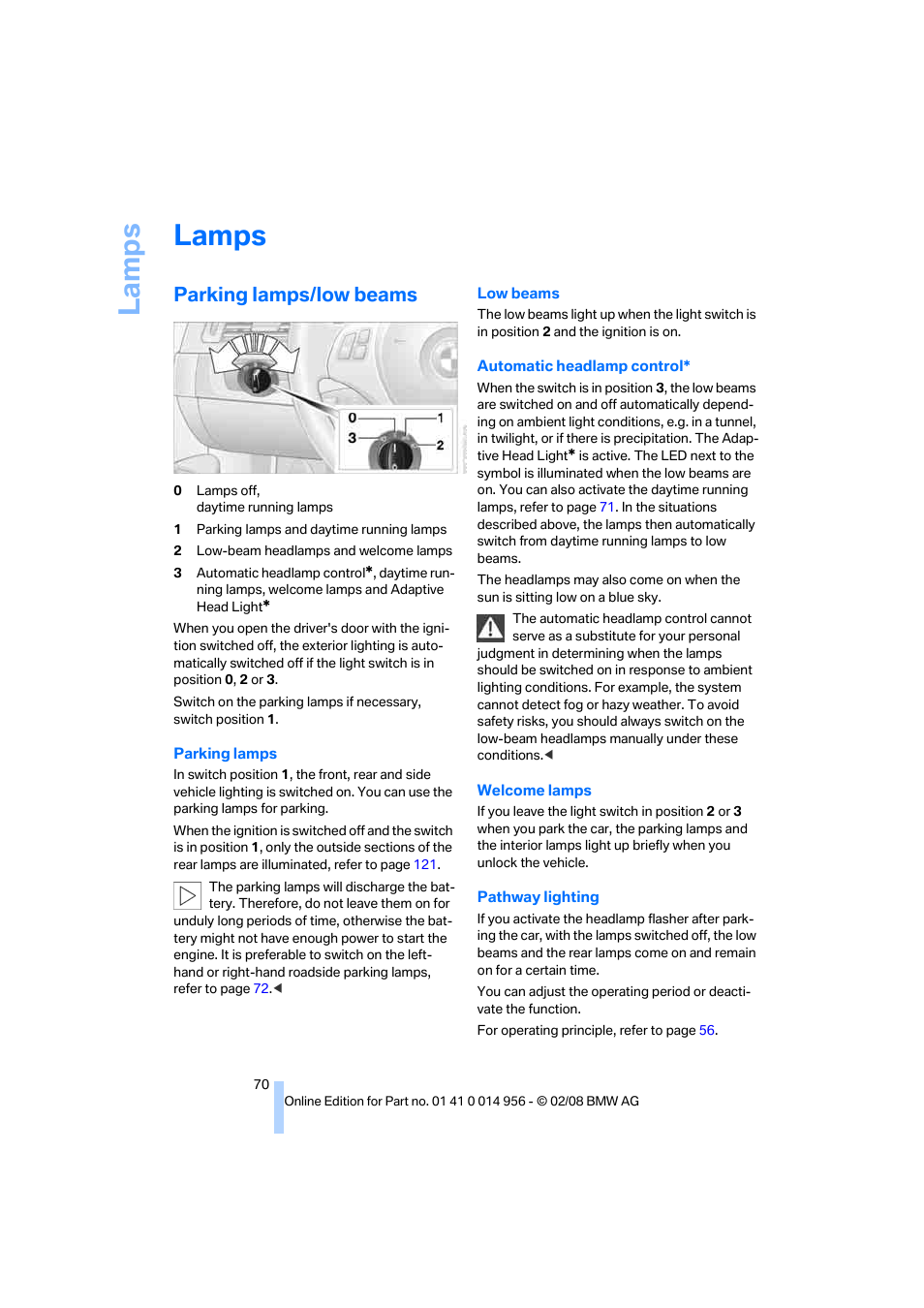 Lamps, Parking lamps/low beams, La mp s | BMW M3 Sedan 2008 User Manual | Page 72 / 160