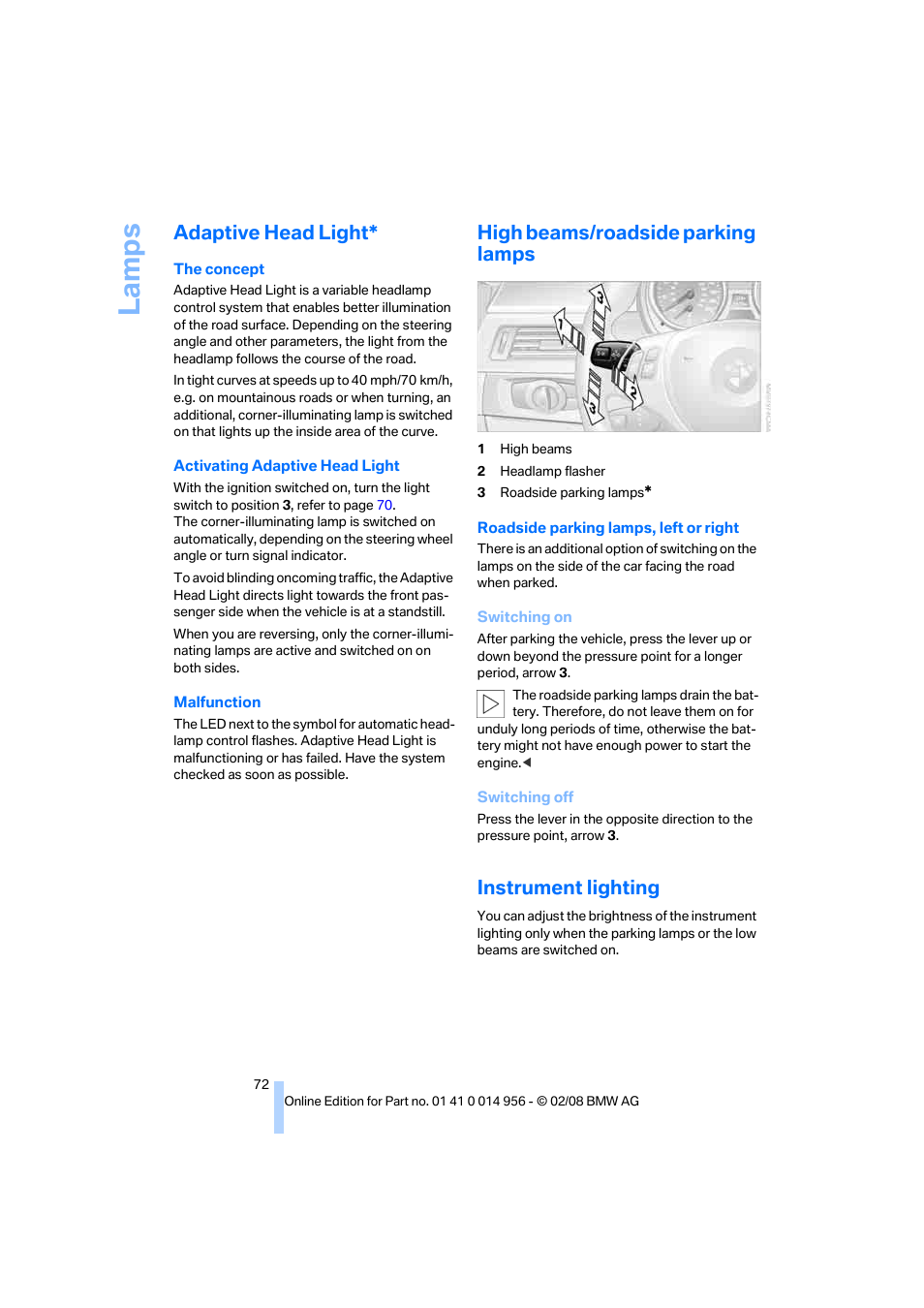 Adaptive head light, High beams/roadside parking lamps, Instrument lighting | Ghting, La mp s | BMW M3 Sedan 2008 User Manual | Page 74 / 160