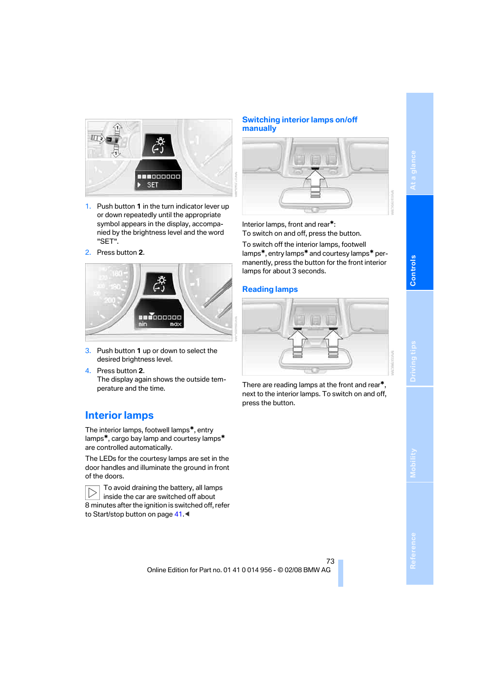 Interior lamps | BMW M3 Sedan 2008 User Manual | Page 75 / 160