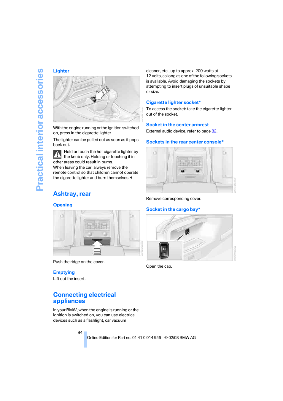 Ashtray, rear, Connecting electrical appliances, Practical interi or acc ess orie s | BMW M3 Sedan 2008 User Manual | Page 86 / 160