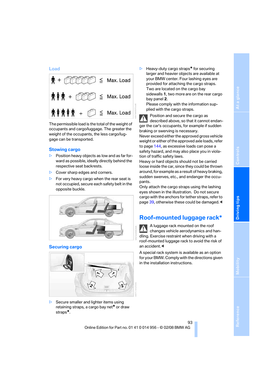 Roof-mounted luggage rack | BMW M3 Sedan 2008 User Manual | Page 95 / 160