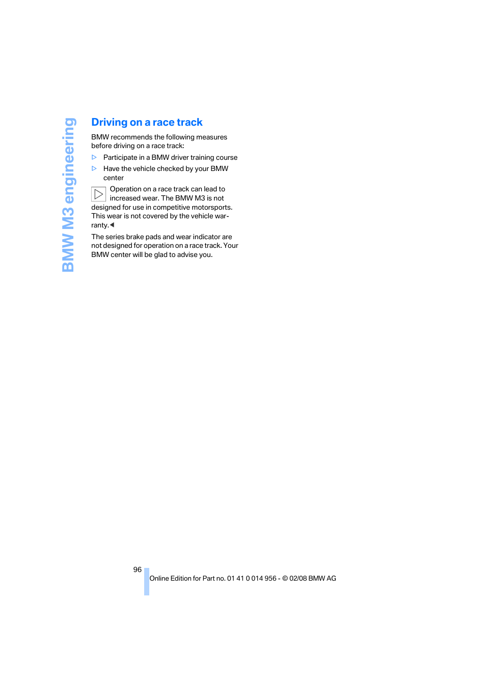 Driving on a race track, Bmw m3 en gine erin g | BMW M3 Sedan 2008 User Manual | Page 98 / 160