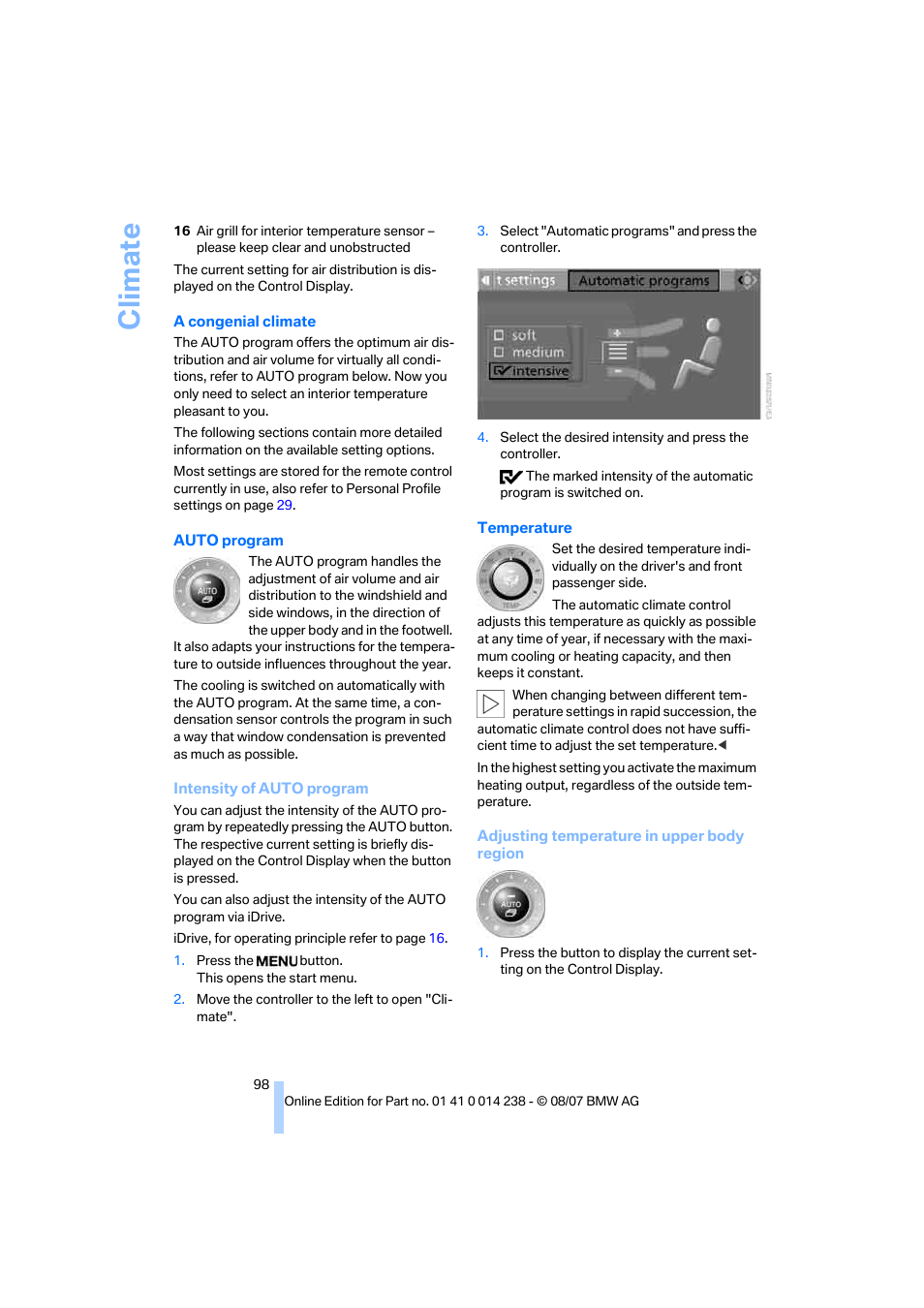 Climate | BMW M5 Sedan 2008 User Manual | Page 100 / 260