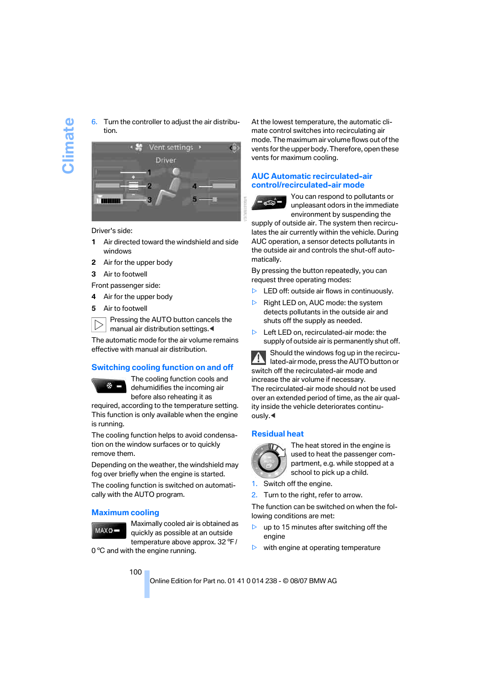 Climate | BMW M5 Sedan 2008 User Manual | Page 102 / 260