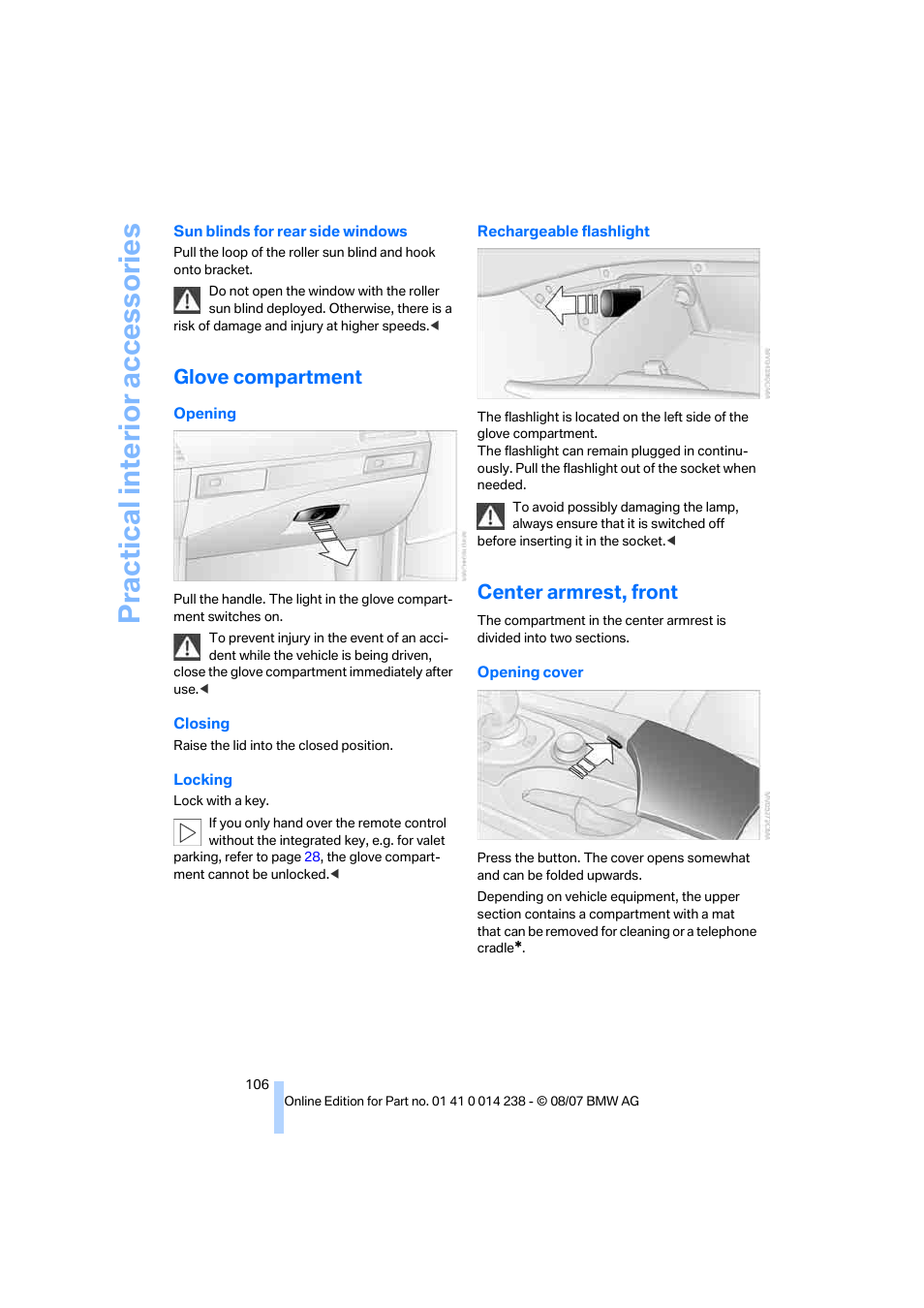 Glove compartment, Center armrest, front, Practical interi or acc ess orie s | BMW M5 Sedan 2008 User Manual | Page 108 / 260