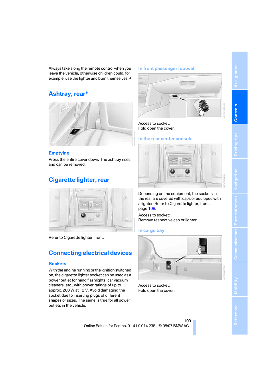 Ashtray, rear, Cigarette lighter, rear, Connecting electrical devices | BMW M5 Sedan 2008 User Manual | Page 111 / 260