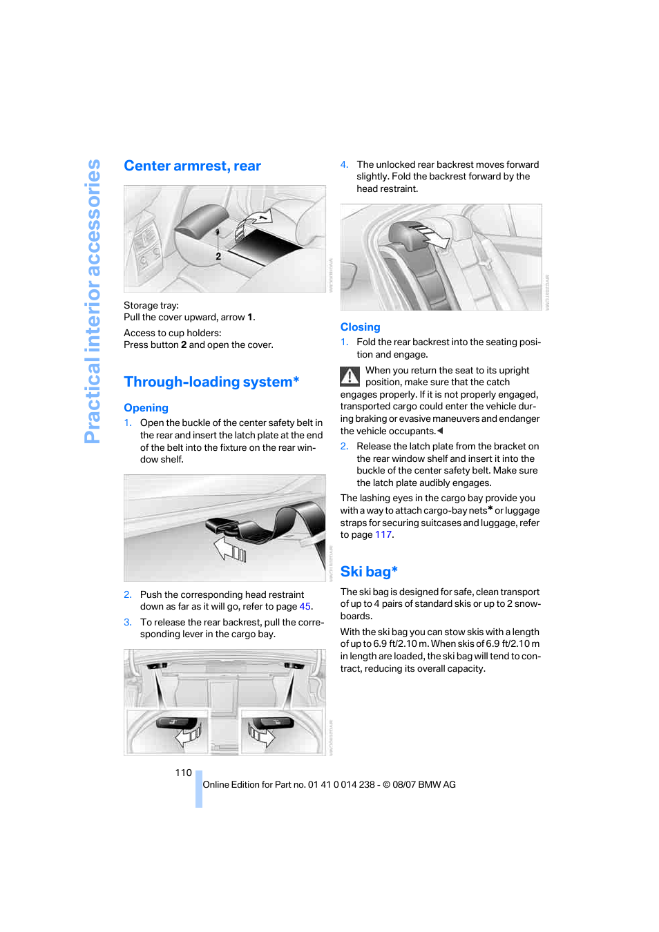 Center armrest, rear, Through-loading system, Ski bag | Practical interi or acc ess orie s | BMW M5 Sedan 2008 User Manual | Page 112 / 260