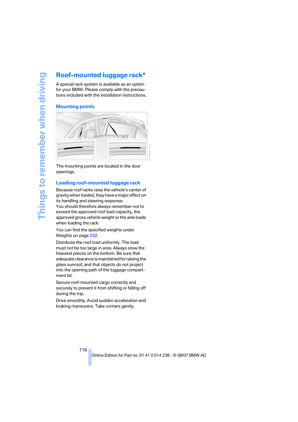 Roof-mounted luggage rack, Things to re memb er when driving | BMW M5 Sedan 2008 User Manual | Page 120 / 260