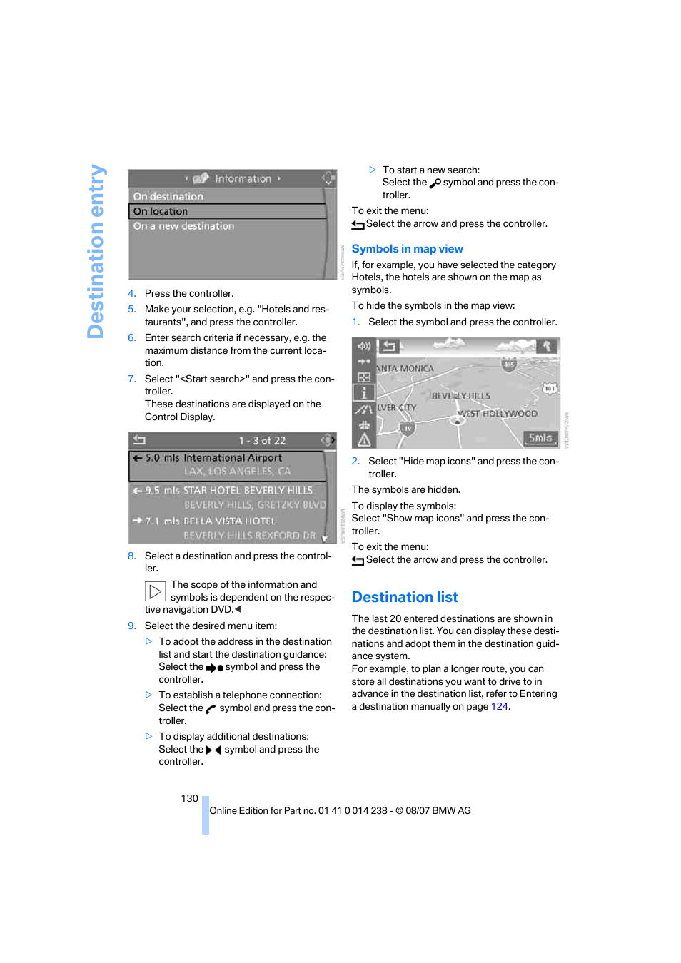 Destination list, Destination entry | BMW M5 Sedan 2008 User Manual | Page 132 / 260