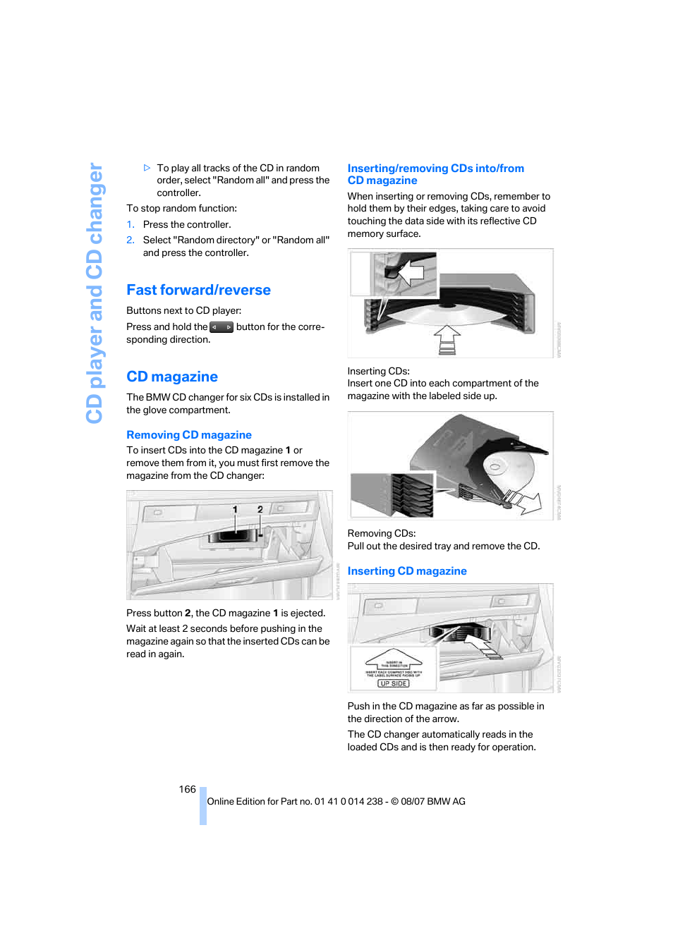 Fast forward/reverse, Cd magazine, Cd player and cd changer | BMW M5 Sedan 2008 User Manual | Page 168 / 260