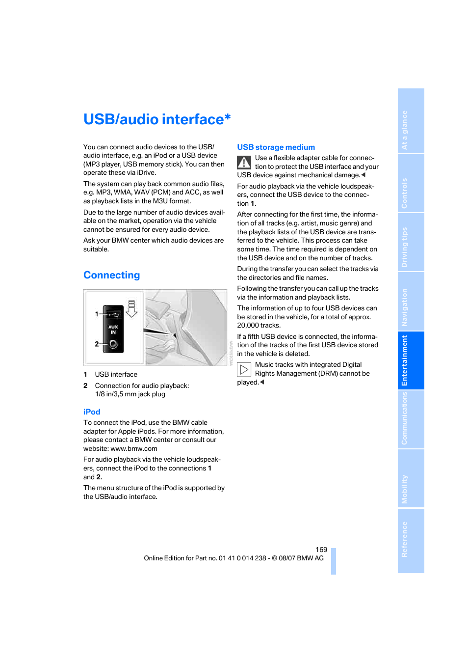 Usb/audio interface, Connecting | BMW M5 Sedan 2008 User Manual | Page 171 / 260