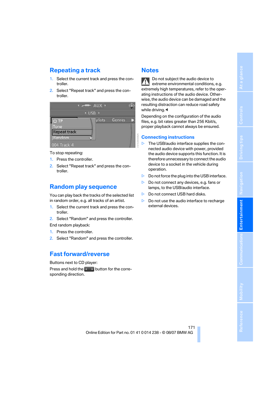 Repeating a track, Random play sequence, Fast forward/reverse | Notes | BMW M5 Sedan 2008 User Manual | Page 173 / 260