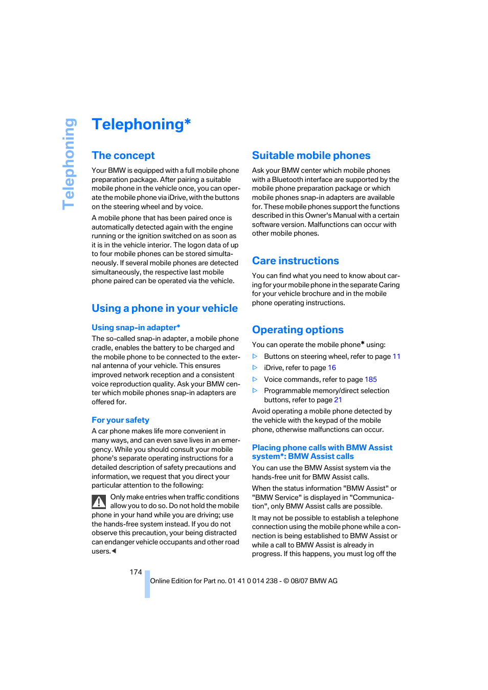 Telephoning, The concept, Using a phone in your vehicle | Suitable mobile phones, Care instructions, Operating options, Telep h oning | BMW M5 Sedan 2008 User Manual | Page 176 / 260