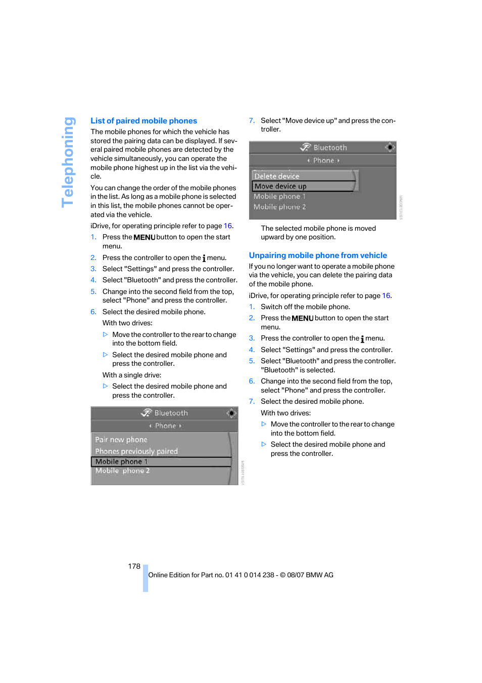 Telep h oning | BMW M5 Sedan 2008 User Manual | Page 180 / 260