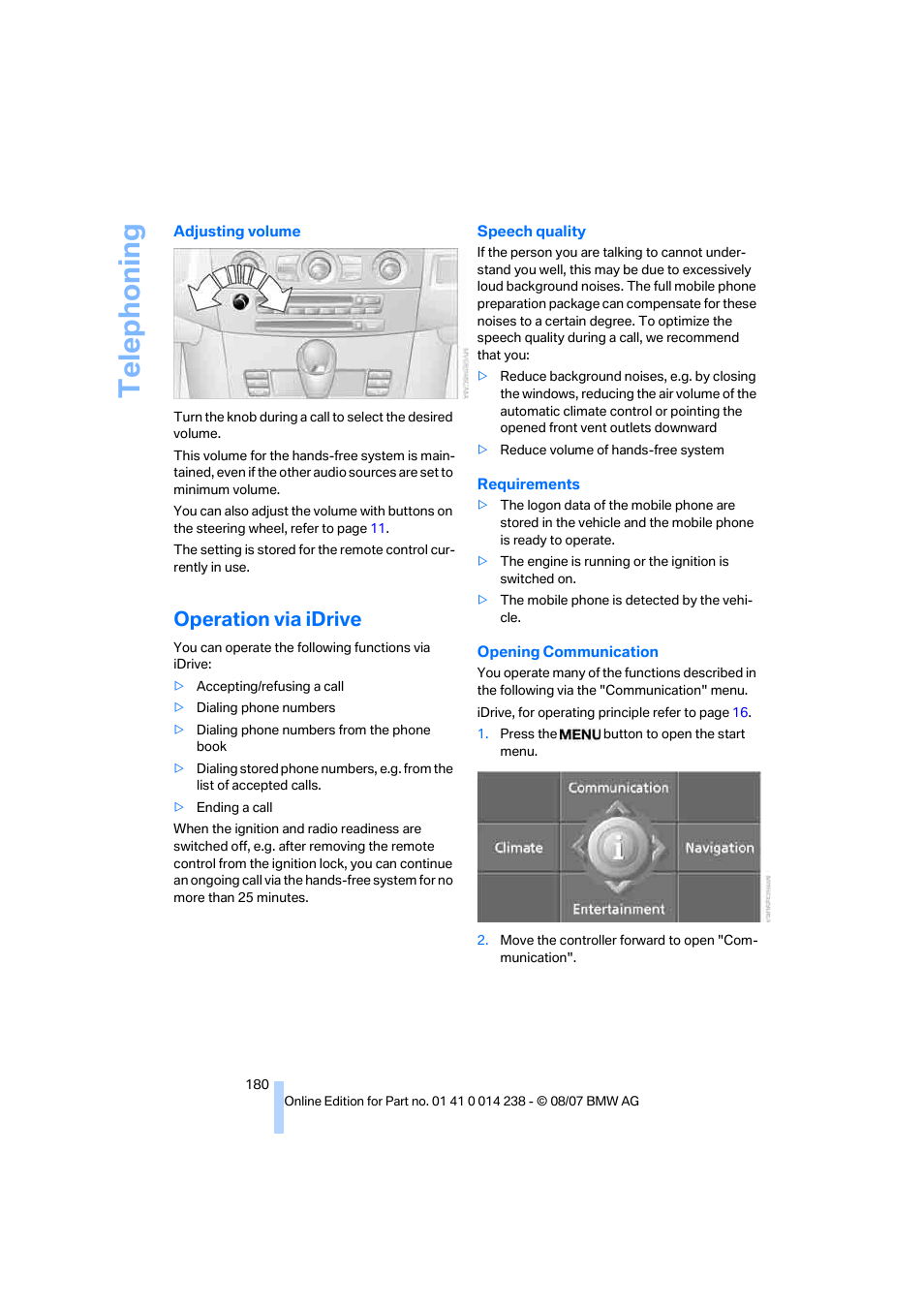 Operation via idrive, Telep h oning | BMW M5 Sedan 2008 User Manual | Page 182 / 260