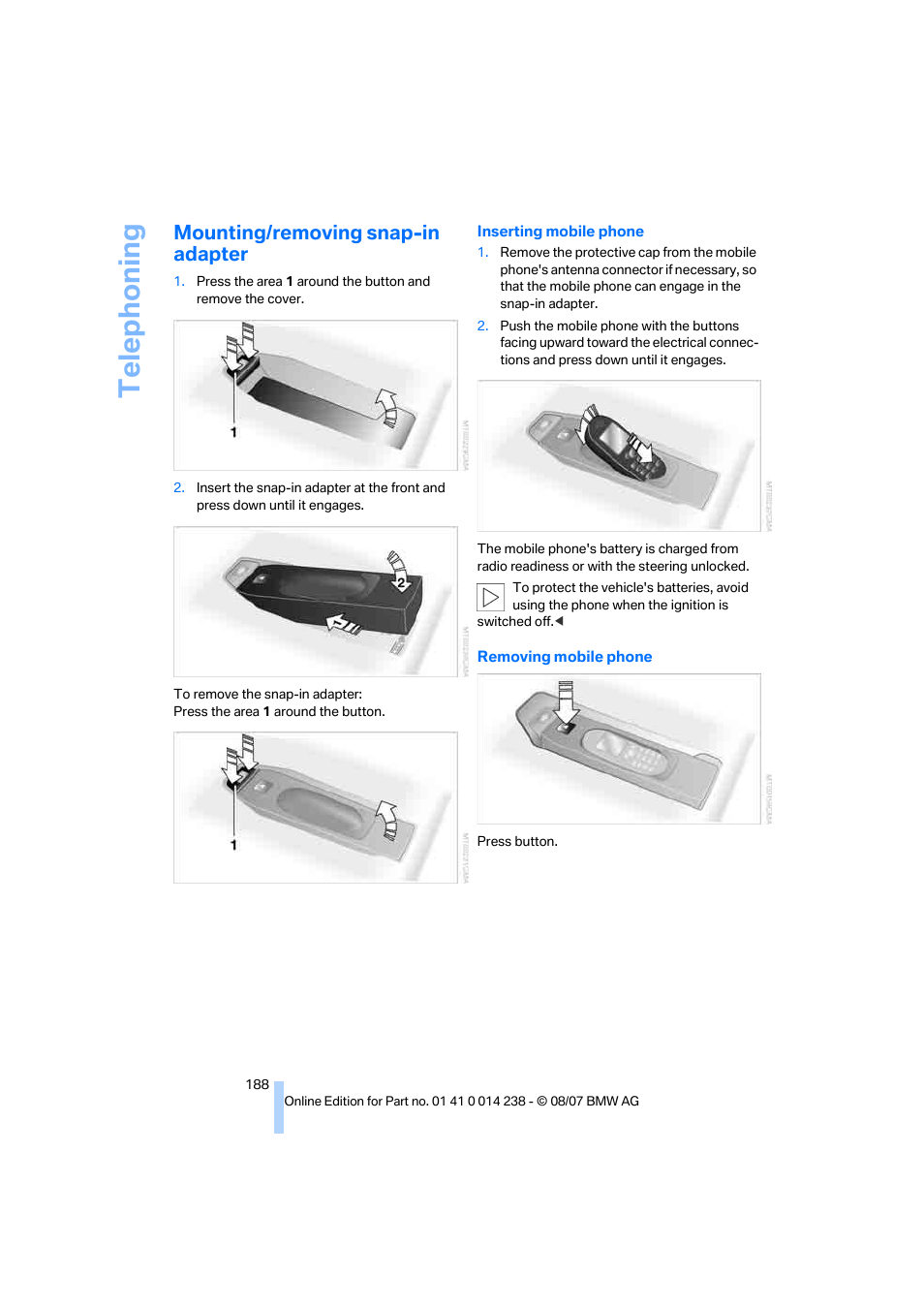 Mounting/removing snap-in adapter, Telep h oning | BMW M5 Sedan 2008 User Manual | Page 190 / 260