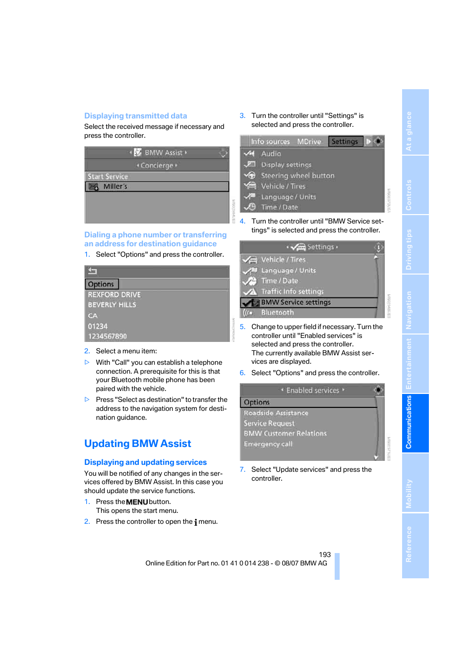 Updating bmw assist | BMW M5 Sedan 2008 User Manual | Page 195 / 260