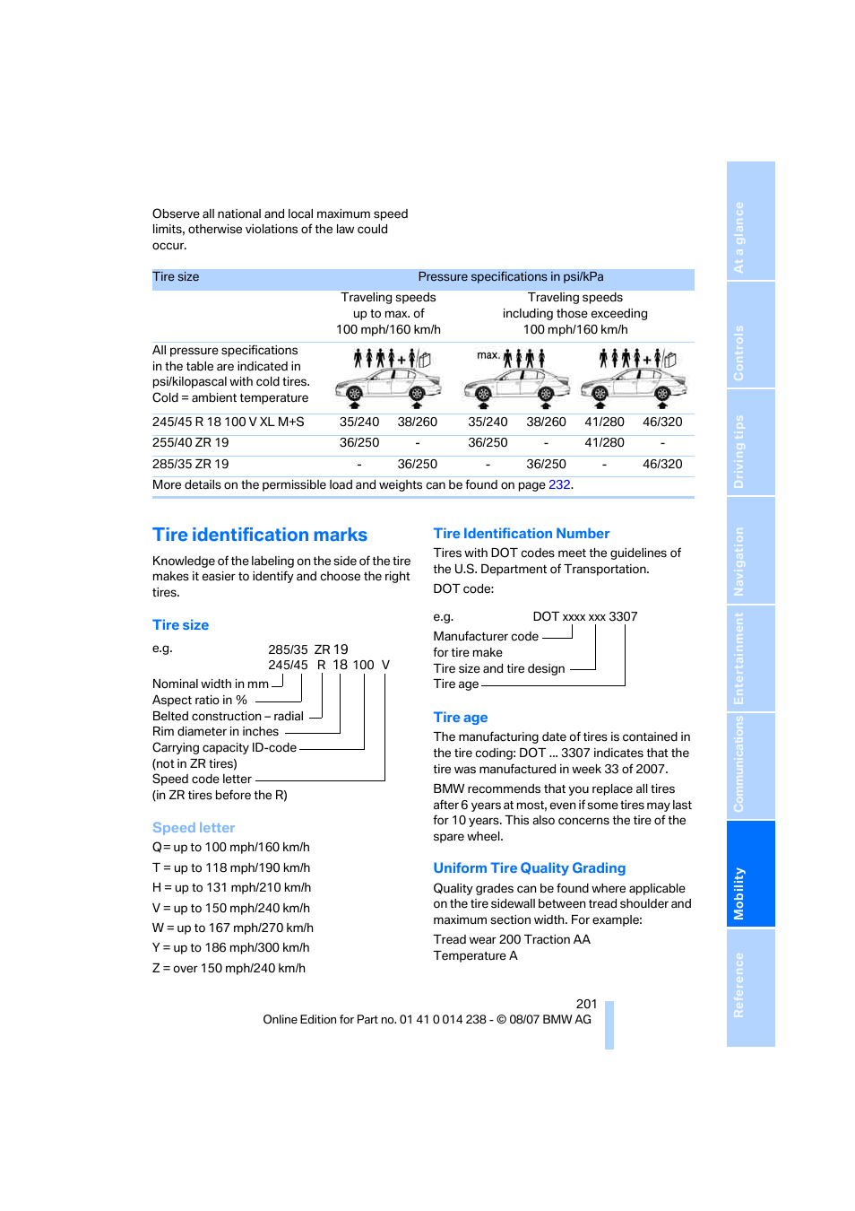 Tire identification marks | BMW M5 Sedan 2008 User Manual | Page 203 / 260