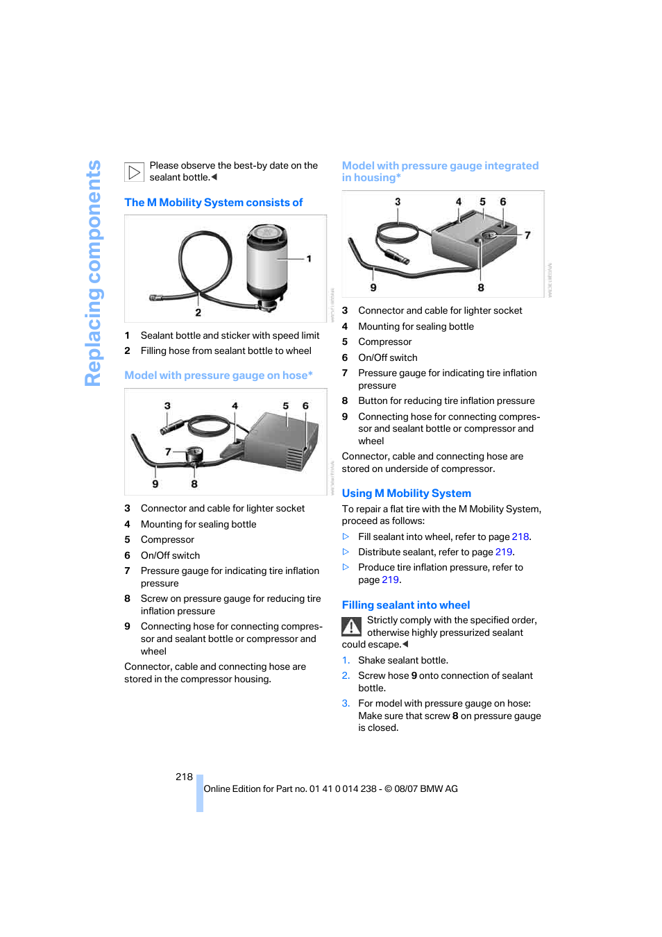 Replacing components | BMW M5 Sedan 2008 User Manual | Page 220 / 260