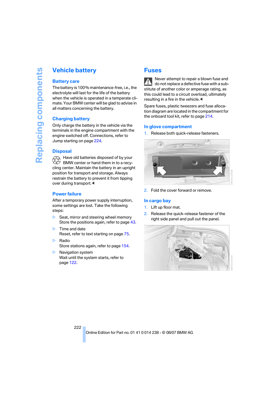 Vehicle battery, Fuses, Replacing components | BMW M5 Sedan 2008 User Manual | Page 224 / 260