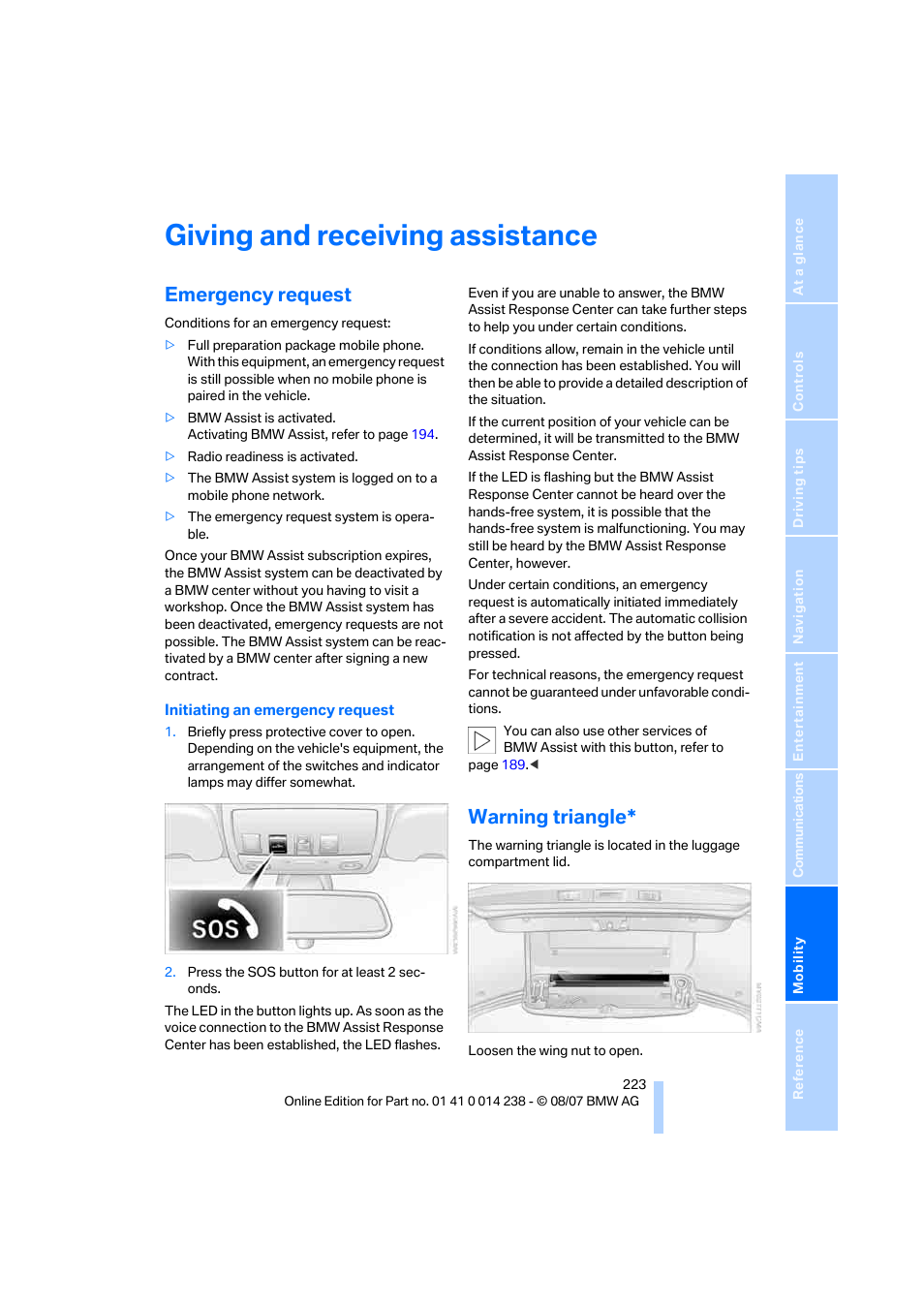 Giving and receiving assistance, Emergency request, Warning triangle | BMW M5 Sedan 2008 User Manual | Page 225 / 260